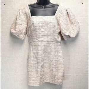 Just Me Pink & White Tweed Mini Dress Puff Sleeves Square Neck Women's Size M
